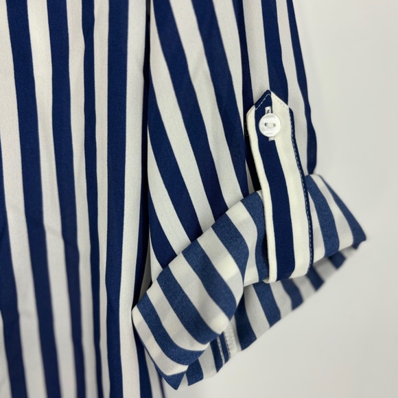 BCX Juniors Medium Button Front Shirt Blue White Stripe V-Neck Pockets Roll Tab - Picture 8 of 10